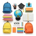Colorful school supplies and backpacks isolated on white background Royalty Free Stock Photo