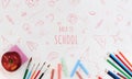 Colorful school supplies corner border over a white background with words Back to school Royalty Free Stock Photo