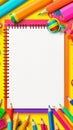 Colorful school supplies create a double border on lined paper background in this illustration Royalty Free Stock Photo