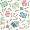 Seamless background with school supplies and office stationary on a notebook sheet in a cell