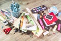 Colorful school supplies over wooden desktop. Back to school