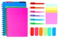 Colorful school supplies on a white background. Above view.