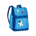 Colorful schoolbag flat icon. Blue Backpack with space image, zippers isolated on white background. Vector illustration