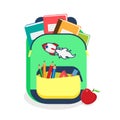 Colorful schoolbag with school supplies. Backpack with zippers isolated on white background. Vector illustration back to