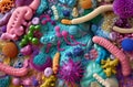colorful science image representing the gut microbiome. probiotic microbes and good cells, using a swirling purple Royalty Free Stock Photo