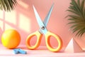 Colorful Scissors with Orange Ball and Pyramid on Pastel Background Royalty Free Stock Photo