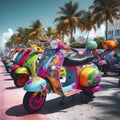 colorful Scooter moped at ocean drive miami beach. ai generative