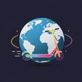 A colorful scooter is positioned in front of a globe depicting Earth, with continents Royalty Free Stock Photo