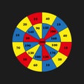 Colorful scoring target. Blue red yellow segments. Numeric radial layout. Geometric dartboard vector.