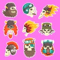 Colorful Scull Stickers With War And Biker Culture Attributes Set Of Vector Icons