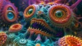 A colorful sculpture of a monster with many eyes and teeth, AI