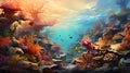 Colorful sea animals and corals in the turquoise sea, by Generative AI