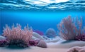 Colorful sea background with clear blue water, pink corals, sand and seashells.