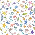 Colorful sea creatures pattern with starfish, fish, jellyfish, and corals on white background Royalty Free Stock Photo