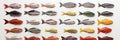 Colorful sea fish collage in cartoon style, top view on white background, marine life illustration Royalty Free Stock Photo