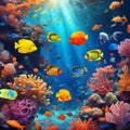 Colorful sea life fishes and plant at seabed background Royalty Free Stock Photo