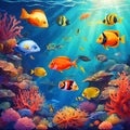 Colorful sea life fishes and plant at seabed background Royalty Free Stock Photo