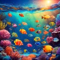 Colorful sea life fishes and plant at seabed background Royalty Free Stock Photo