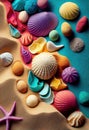 Colorful sea shells on sandy beach background made with generative AI Royalty Free Stock Photo