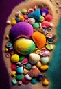 Colorful sea shells on the sandy beach background made with generative AI Royalty Free Stock Photo