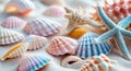 Colorful Sea Shells and Starfish Arranged on Sandy Background Royalty Free Stock Photo