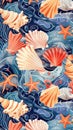 Colorful sea shells, starfish, and wave patterns on blue background Royalty Free Stock Photo