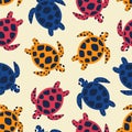 Colorful sea turtle hand drawn vector illustration. Cute ocean animal seamless pattern for kids. Royalty Free Stock Photo