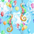 Colorful seahorse, multicolored balloons and cloud, seamless pattern, watercolor Royalty Free Stock Photo