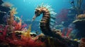 Colorful Seahorse In Ocean Scene With Coral - Rendered In Cinema4d