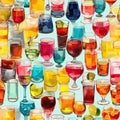 Seamless barware pattern of wine glasses, tumblers, and other cups Royalty Free Stock Photo