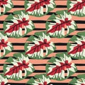 Colorful seamless doodle pattern with creative monstera ornament design. Green and pink colored leaves on coral and black striped Royalty Free Stock Photo