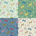 Colorful seamless easter pastel pattern set with rabbits, eggs