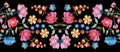 Colorful seamless embroidery border with beautiful flowers. Floral embroidered pattern on black background. Fashion print Royalty Free Stock Photo