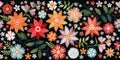 Colorful seamless embroidery border with bright flowers and leaves. Floral embroidered pattern on black background. Fashion print Royalty Free Stock Photo