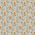 A colorful seamless floral pattern with a yellow, red, pink, orange and blue flowers and leaves on a white background Royalty Free Stock Photo