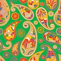 Colorful seamless paisley pattern. Red yellow green multicolored tile ornament. Hippie vivid wallpaper. Indian decorative print