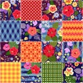 Colorful seamless patchwork pattern with bright tropical flowers and geometric ornaments. Quilt design from stitched squares