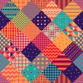 Colorful seamless patchwork pattern. Diagonal square patches with bright geometric ornaments. Festive print for fabric Royalty Free Stock Photo