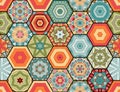 Colorful seamless patchwork pattern. Quilt blanket. Bright hexagonal tiles with abstract ornament Royalty Free Stock Photo