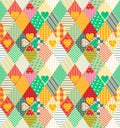 Colorful seamless patchwork pattern with rhombuses and hearts.