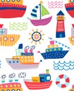 Colorful seamless pattern of assorted ships and lighthouse Royalty Free Stock Photo