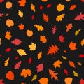 Colorful seamless pattern with autumn leaves on a black background, stock vector illustration Royalty Free Stock Photo