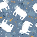 Colorful seamless pattern with bears, constellations, stars. Decorative cute background with funny animals, night sky