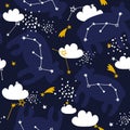 Colorful seamless pattern with bears, constellations, stars. Decorative cute background with funny animals, night sky