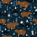 Colorful seamless pattern, bears, fir trees, mountains. Decorative cute background, funny animals, forest, snow. New Year Royalty Free Stock Photo