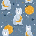 Colorful seamless pattern with bears, moon, stars. Decorative cute background with animals, night sky