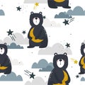 Colorful seamless pattern with bears, moon, stars. Decorative cute background with animals, night sky