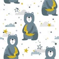 Colorful seamless pattern with bears, moon, stars. Decorative cute background with animals, night sky