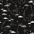 Colorful seamless pattern with bears, stars, clouds. Decorative cute background with funny animals, night sky