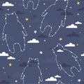 Colorful seamless pattern with bears, stars. Decorative cute background with animals, night sky